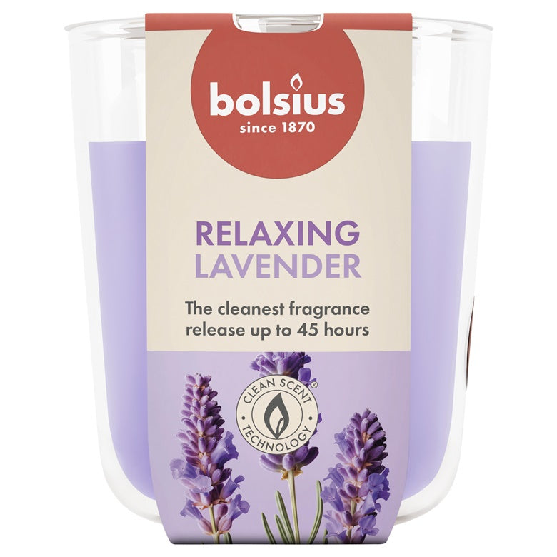 Świeca, zapachowa Bolsius Relaxing Lavender, 45 h, Fioletowa