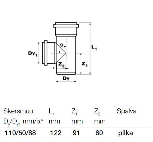 Wavin internal drainage tee, Ø 50 / 110 mm, 88°