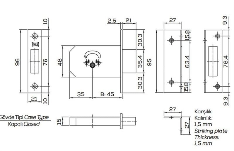 Zamek wpuszczany 156/F, z cylindrem, 5 kluczy
