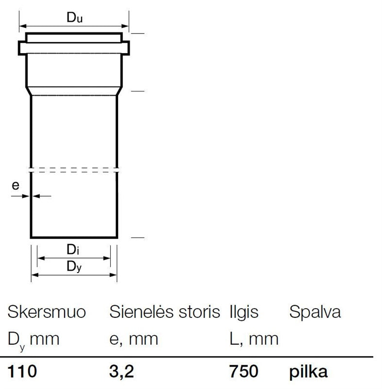 Internal sewage PVC pipe Wavin, Ø 110 mm, 0.75 m