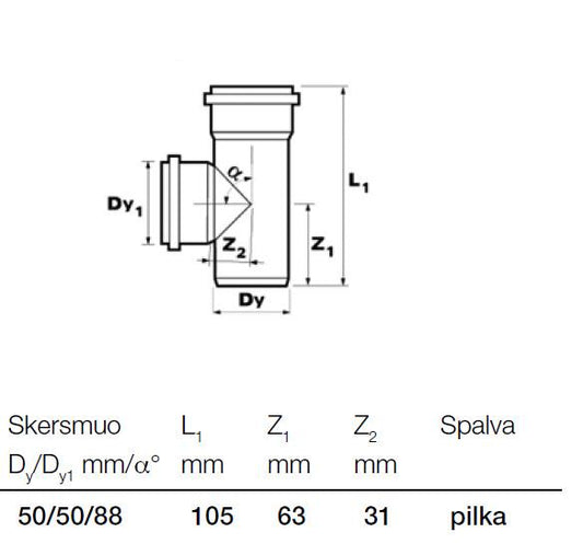 Wavin internal drainage tee, Ø 50 / 50 mm, 88°