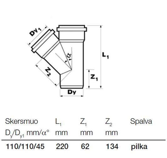 Vidaus kanalizacijos trišakis Wavin, Ø 110 / 110 mm, 45°