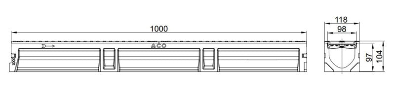 Drenažo latakas su Ø 110 mm vamzdžiu, B125 Aco Euroline, 1 m