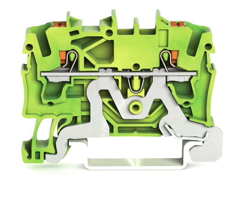 Złączka Wago 2202-1207 DIN, 2,5 mm², 2-pinowa, żółto-zielona.