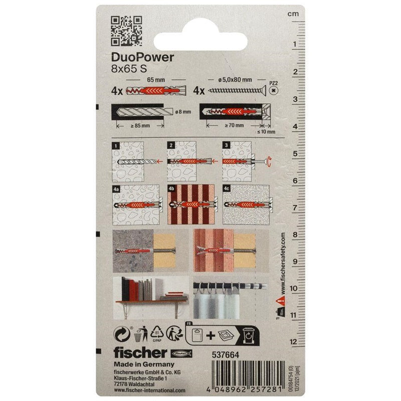 Kaištis Fischer DuoPower, 65 mm x 8 mm, 4 vnt.