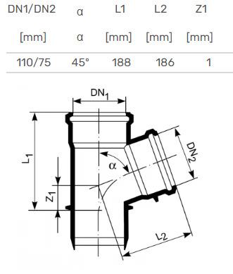 HTplus Internal Waste Pipe Tee, Ø 110 / 75 mm, 45°