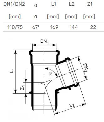 Trójnik kanalizacyjny wewnętrzny HTplus, Ø 110 / 75 mm, 67°