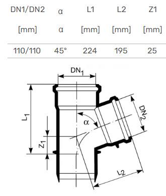 Trójnik kanalizacyjny HTplus, Ø 110 / 110 mm, 45°