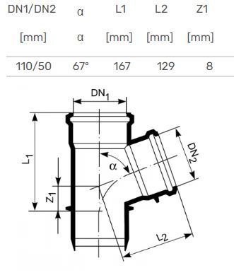 Trójnik do kanalizacji wewnętrznej HTplus, Ø 50 / 110 mm, 67°