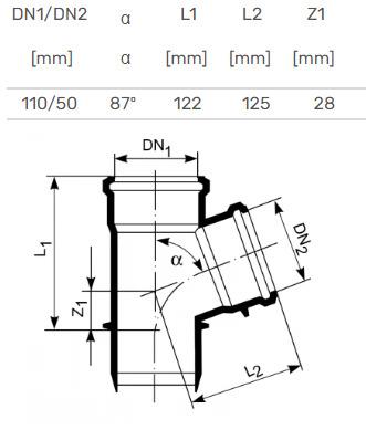 Vidaus kanalizacijos trišakis HTplus, Ø 50 / 110 mm, 87°