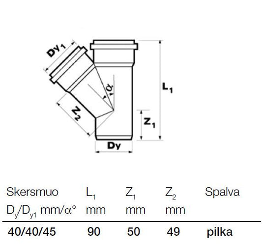 Vidaus kanalizacijos trišakis Wavin, Ø 40 / 40 mm, 45°