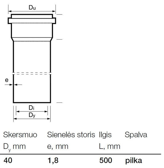 Vidaus kanalizacijos PP vamzdis Wavin, Ø 40 mm, 0,5 m