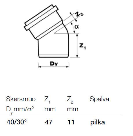 Vidaus kanalizacijos alkūnė, Wavin Ø 40 mm, 30°
