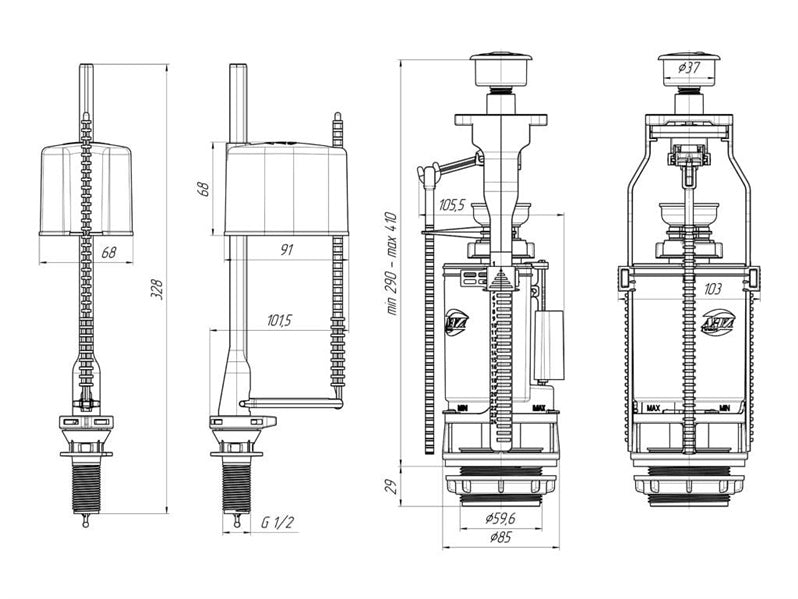 Ani Plast WC3550C fill and flush mechanisms, 1/2''