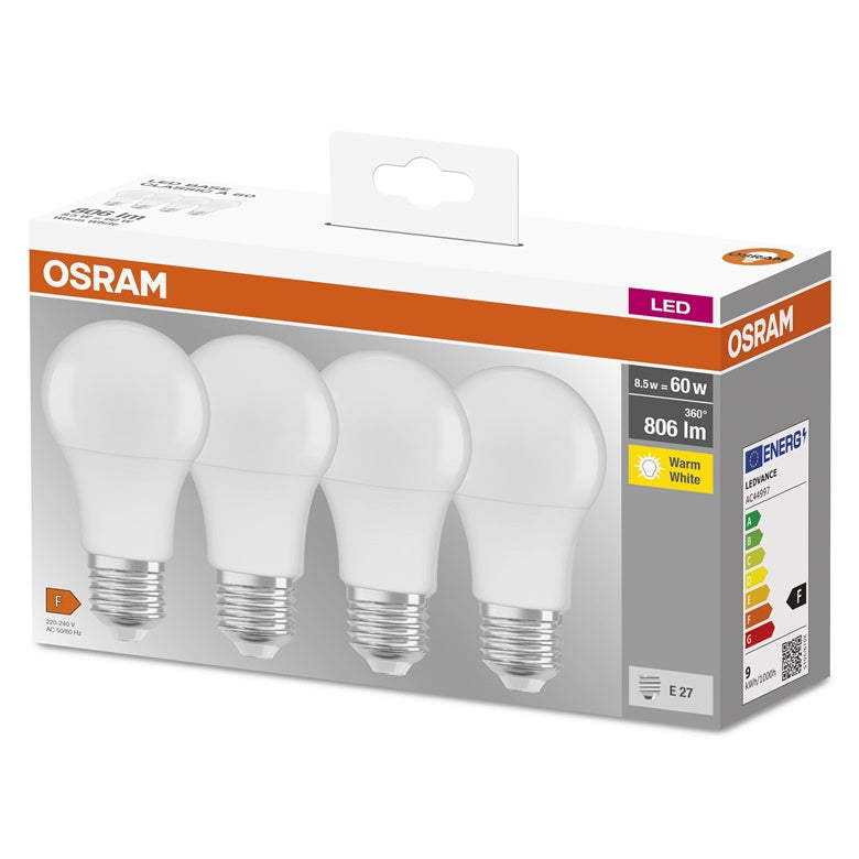 LIGHT BULB OSRAM LED, A60, E27, 8.5W, 806lm, 2700K, 4 pcs.
