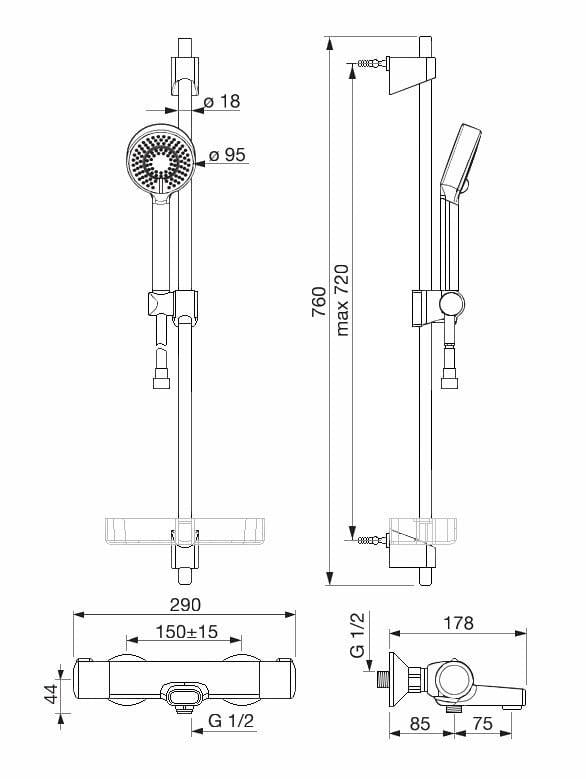 Nova 7414U Bath and Shower Mixer with Shower Set