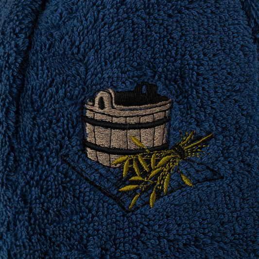 Cotton sauna hat with a hot tub image, blue