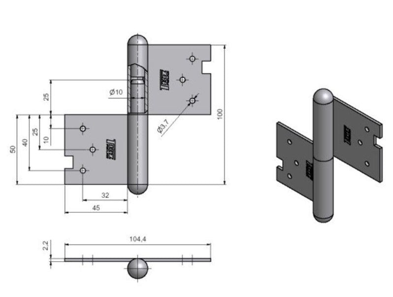Recessed door hinge 100 mm, left