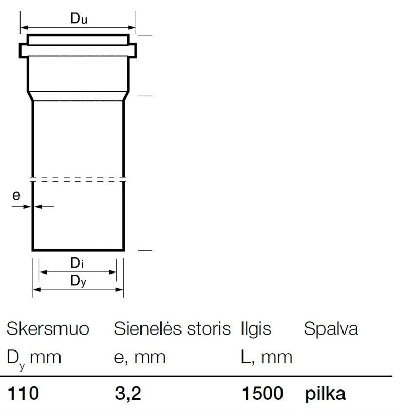 Vidaus kanalizacijos PVC vamzdis Wavin, Ø 110 mm, 1,5 m