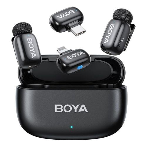 BOYA mikrofonas belaidis Mini 2-01 2.4GHz, su 2 transmitters ir 2 receivers (Type-C ir Lightning), juoda spalva