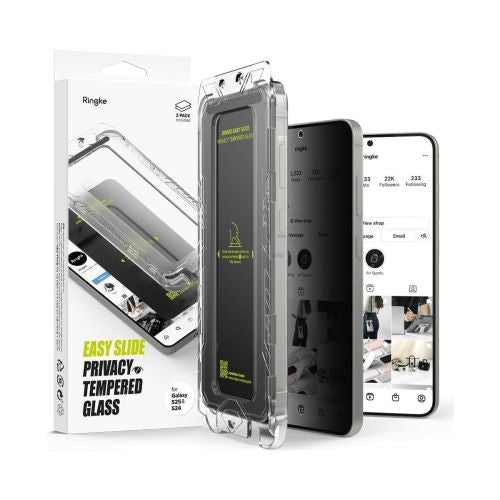 Ringke Galaxy S25/S24 ekrano apsauga Premium Easy Slide Privacy grūdintas stiklas 9H su installation jig (2 vnt.), skaidri
