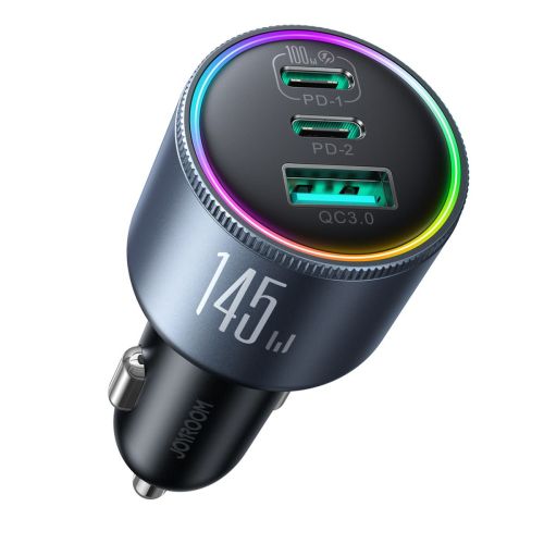 Joyroom automobilinis įkroviklis Mini, C+C+U, 145 W su Type-C į USB-C laidas 100 W, (JR-CCN07), juoda spalva