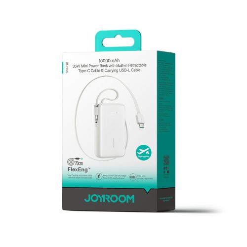 Joyroom išorinė baterija su skaitmeninis Display, C+U+U, PD 35 W, 10000 mAh su integruotas Retractable Type-C ir Lightning
