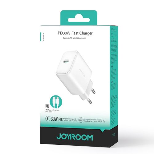 Joyroom kelioninis įkroviklis Type-C. PD 30 W, SFC, PPS, su Type-C į USB-C laidas (1m), (JR-TCF24), balta spalva
