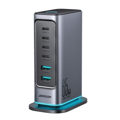 Joyroom Multiport įkroviklis GaN greitasis įkroviklis C+C+C+C+U+U, 65 W, PD 3.0, QC 4.0, PPS, (JR-TCM02), pilka spalva