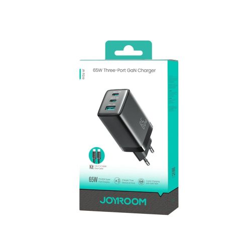 Joyroom kelioninis įkroviklis GaN greitasis įkroviklis C+C+U, PD 65 W su Type-C į USB-C laidas (1.2m), (JR-TG10), juoda