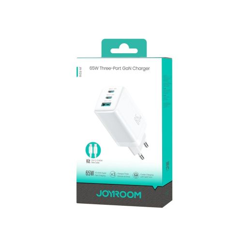 Joyroom kelioninis įkroviklis GaN greitasis įkroviklis C+C+U, PD 65 W su Type-C į USB-C laidas (1.2m), (JR-TG10), balta