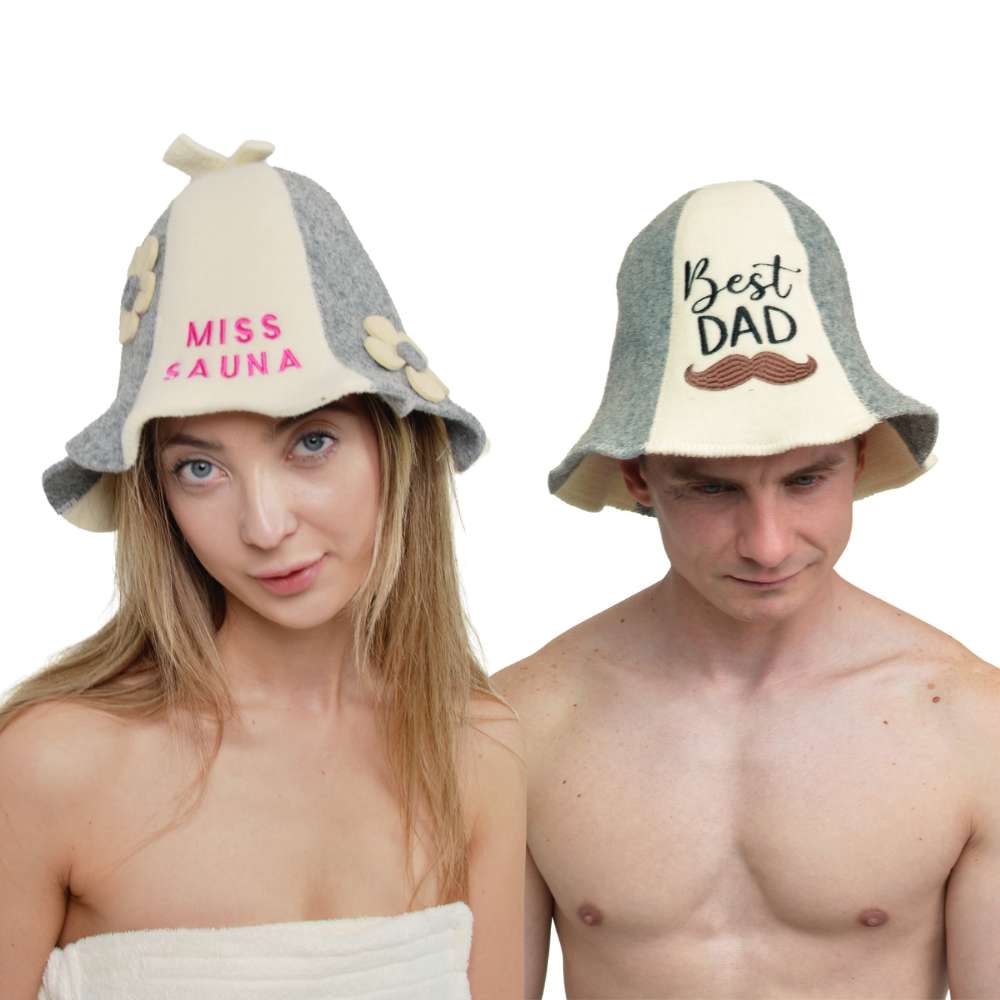 Sauna Hat "Miss Sauna" & "Best Dad" 100% Wool, Set of 2