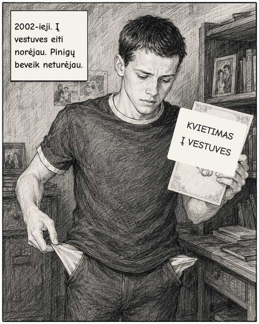 Komikso viršelis: 2002-ieji, kvietimas į vestuves ir tuščios kišenės