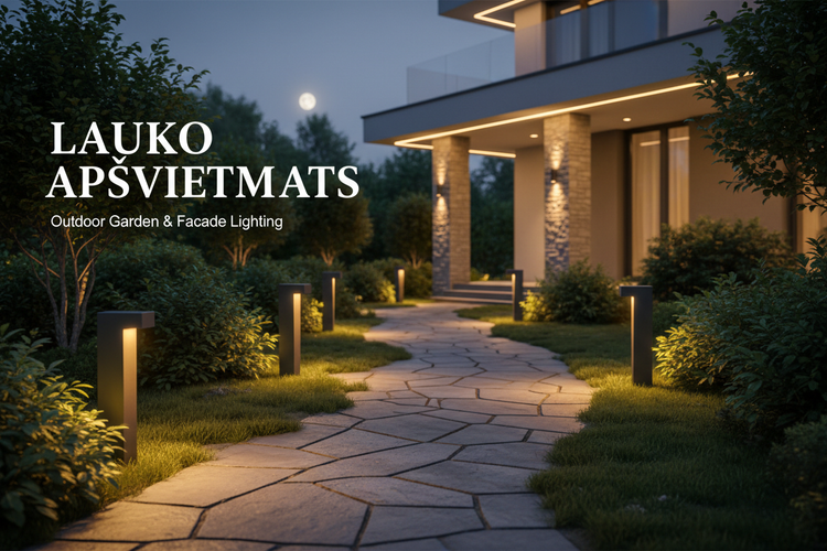 Lauko apšvietimas: LED prožektoriai, judesių davikliai, fotoreliės, pastatomieji šviestuvai. Energiją taupantys sprendimai. Pristatymas Lietuvoje.