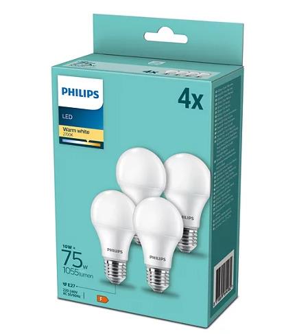 Philips LED bulb, A60, E27, 10 W, 1055lm, 2700K, 4 pcs