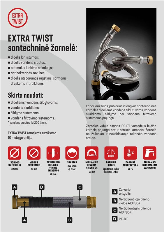 Santechninė žarnelė Tucai Extra Twist, V1''-V1'', 80 cm