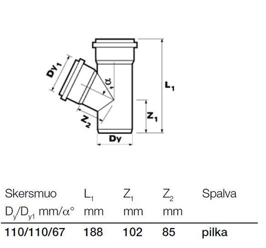 Vidaus kanalizacijos trišakis Wavin, Ø 110 / 110 mm, 67°