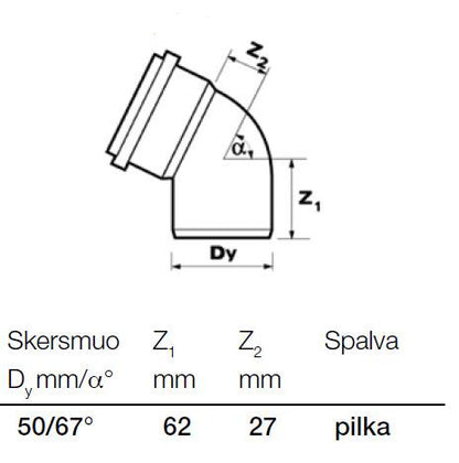 Vidaus kanalizacijos alkūnė Wavin, Ø 50 mm, 67°