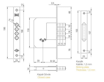 Mortise lock 189/4MF, with cylinder, 5 keys