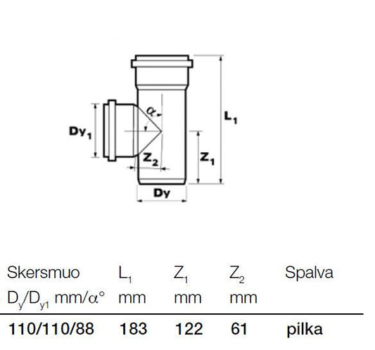 Vidaus kanalizacijos trišakis Wavin, Ø 110 / 110 mm, 88°