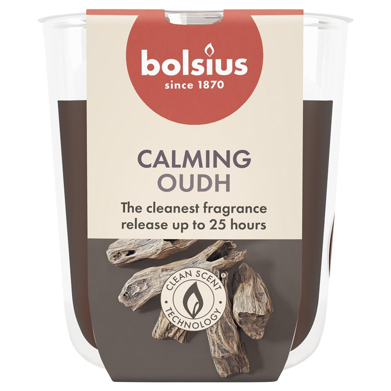 Candle, scented Bolsius Calming Oudh, 25 h, Brown