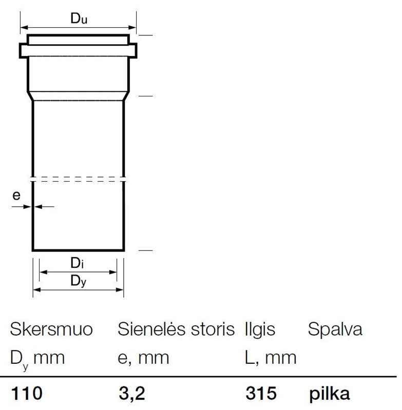 Vidaus kanalizacijos PVC vamzdis Wavin, Ø 110 mm, 0,315 m