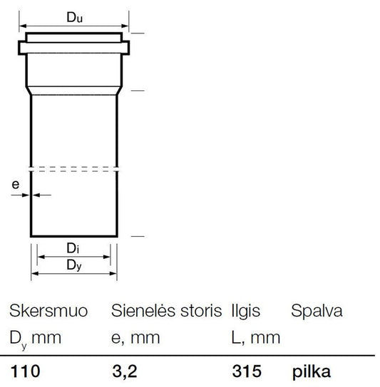 Vidaus kanalizacijos PVC vamzdis Wavin, Ø 110 mm, 0,315 m