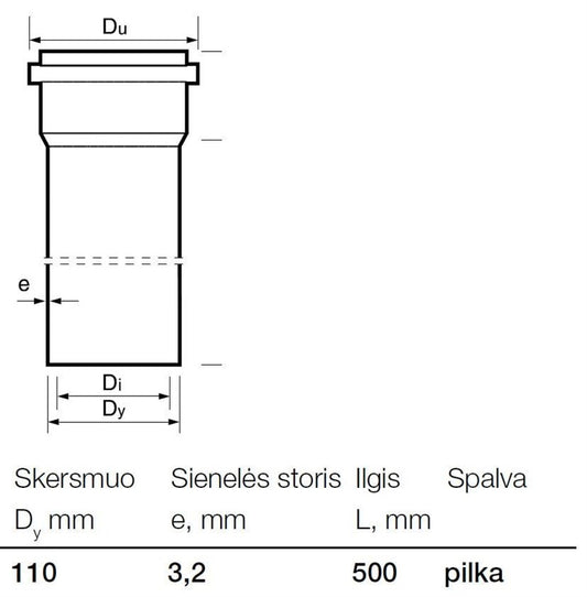 Vidaus kanalizacijos PVC vamzdis Wavin, Ø 110 mm, 0,5 m