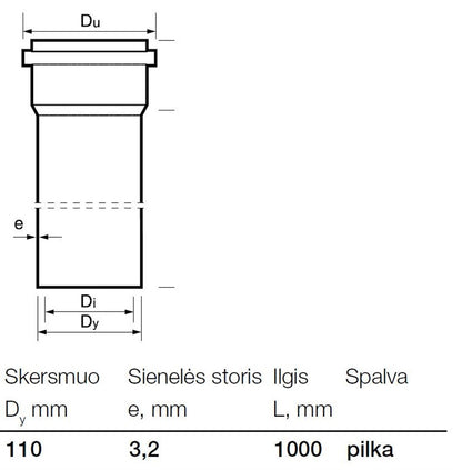 Vidaus kanalizacijos PVC vamzdis Wavin, Ø 110 mm, 1 m