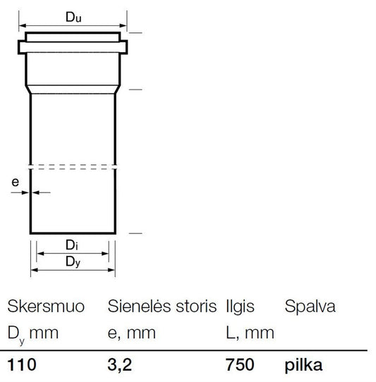Vidaus kanalizacijos PVC vamzdis Wavin, Ø 110 mm, 0,75 m