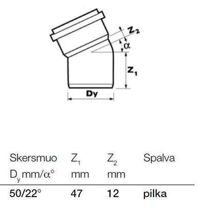 Vidaus kanalizacijos alkūnė Wavin, Ø 50 mm, 22°