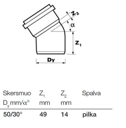 Vidaus kanalizacijos alkūnė Wavin, Ø 50 mm, 30°