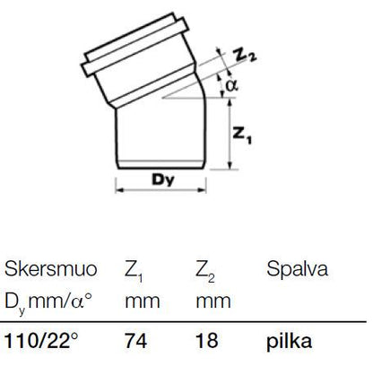Vidaus kanalizacijos alkūnė Wavin, Ø 110 mm, 22°