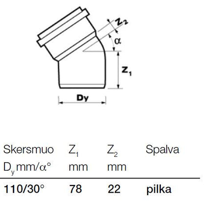 Vidaus kanalizacijos alkūnė Wavin, Ø 110 mm, 30°